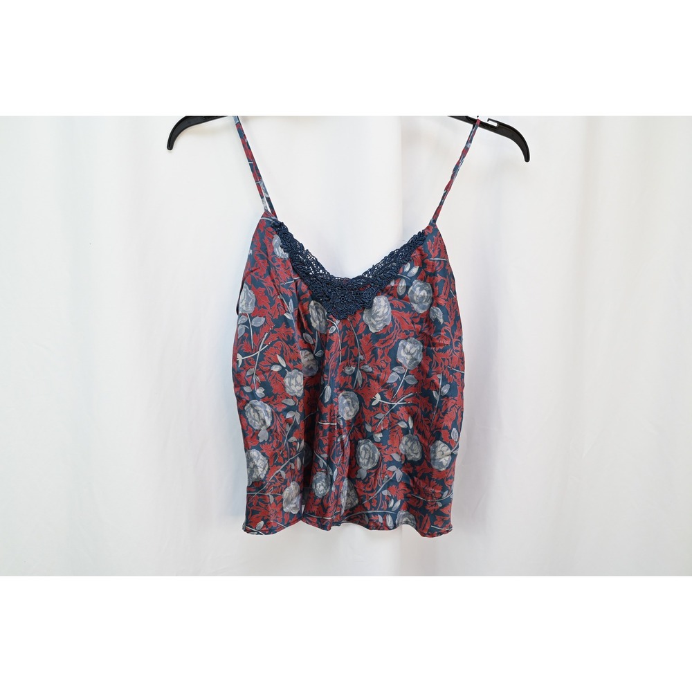 Simply Silk Women Large Floral Silk Tank Cami Blue Burgundy Lace Trim Sleeveless